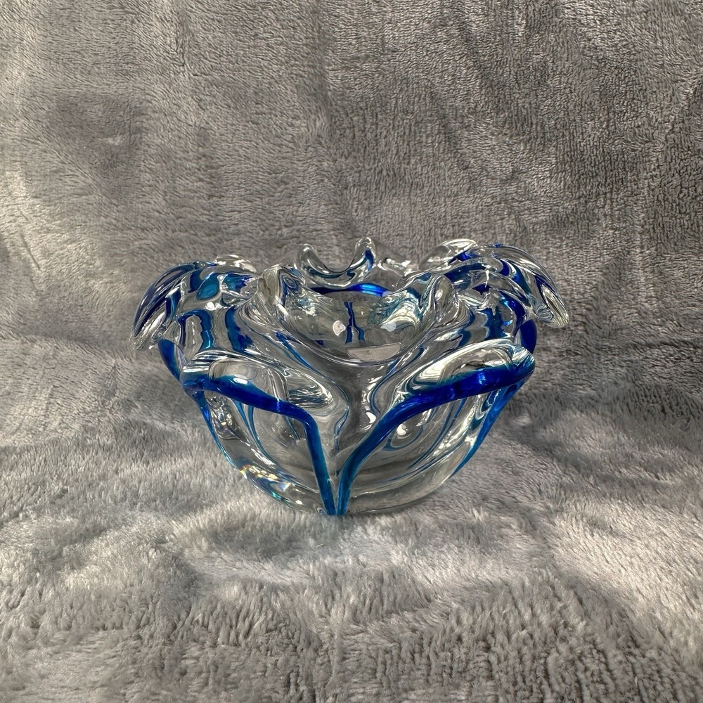 Vintage Murano Style Sommerso Art Glass Bowl Blue‎ Freeform Splash Dish Mid Cent - Picture 8 of 9